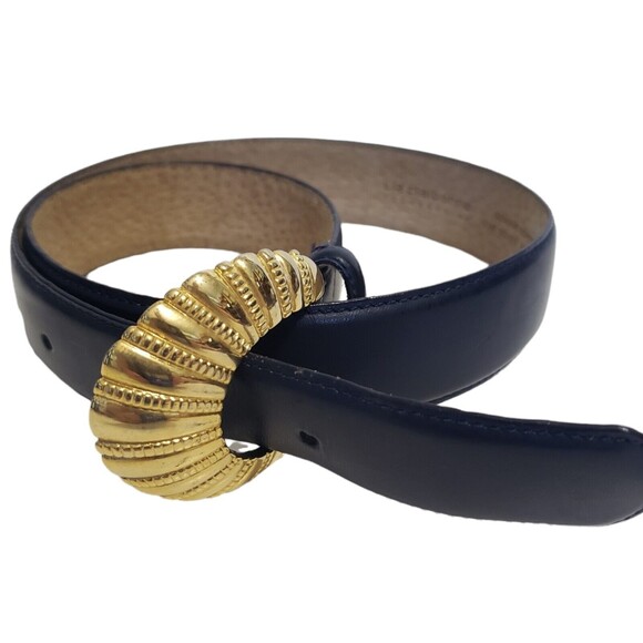 Liz Claiborne Navy Blue Leather Belt Womens Size Medium Brass Buckle Style 24063 - Picture 1 of 12
